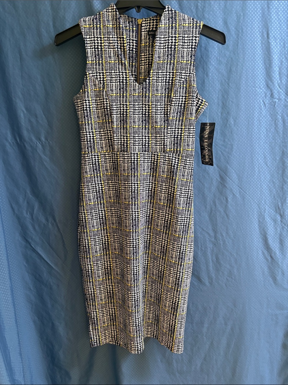 Nina Leonard Blue, White & Yellow Plaid Midi Sheath Dress, NWT’s